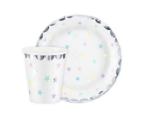 Csészék + papírtányérok készlet Egyszarvú csillagokban - 24 db.