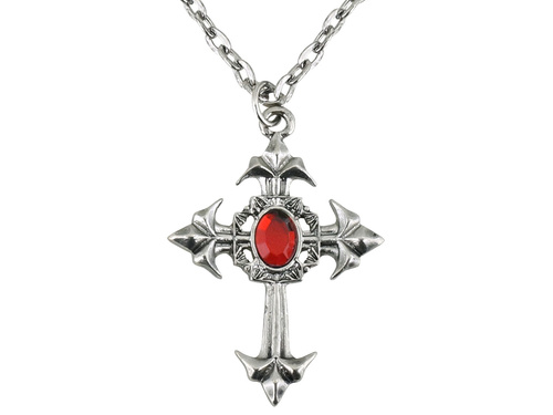 Gótikus kereszt nyaklánc piros kővel - 1 db.
