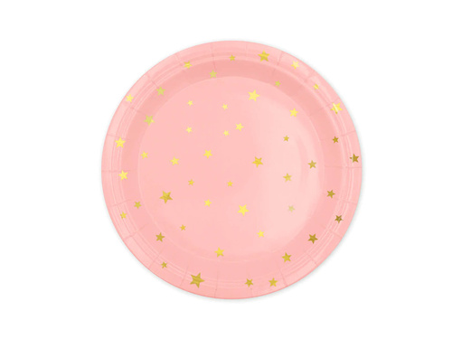 Rózsaszín papírtányérok arany csillagokkal - 18 cm - 6 db.