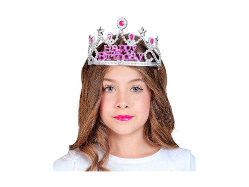 Ezüst boldog születésnapot tiara rózsaszín ékszerekkel