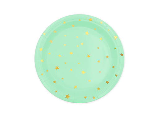 Menta papírtányérok arany csillagokkal - 18 cm - 6 db.