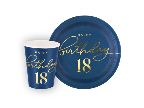 Szett poharak + papírtányérok 18. születésnapra tengerészkék - 220 ml - 6 db.
