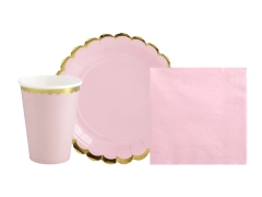 Csészék + tányérok + papírszalvéták rózsaszín arany színben - 44 db.
