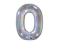 Fólia lufi szám 0 csillogó holografikus ezüst - 26" - 1 db.