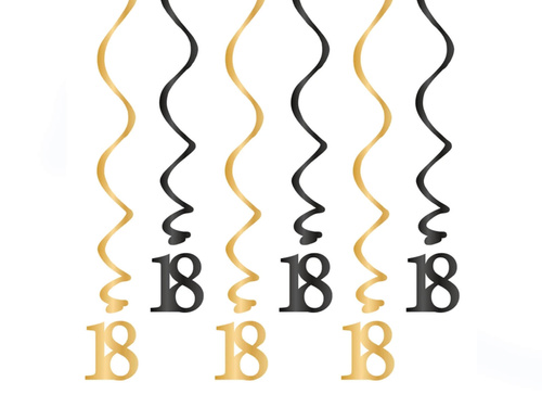 Lógó dekoráció örvények 18. születésnapi bulira arany és fekete - 6 db.