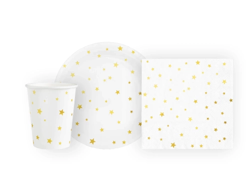 Csészék + szalvéták + papírtányérok készlet fehér arany csillagokkal - 22 db.