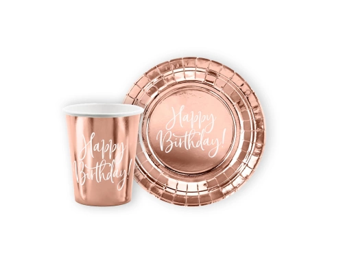 Boldog születésnapot rózsaszín arany papírpoharak + tányérok készlet - 12 db.