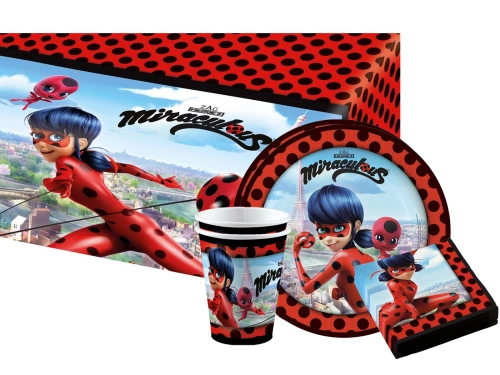 Miraculum születésnapi poharak, tányérok és papírszalvéták készlet + terítő - 37 db.