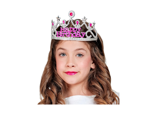 Ezüst boldog születésnapot tiara rózsaszín ékszerekkel