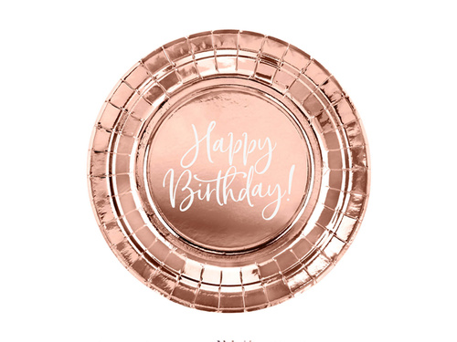 Boldog születésnapot papírtányérok rózsaszín arany - 18 cm - 6 db.