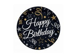 Boldog születésnapot papírtányér fekete - 18 cm - 6 db.