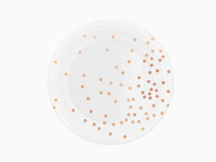 Fehér papírtányérok rózsaszín és arany pöttyökkel - 18 cm - 6 db.