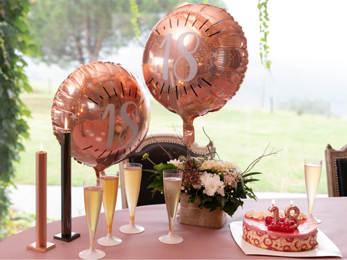 Rózsaarany fólia lufi fehér nyomtatással - 18. születésnap - 45 cm - 1 db.