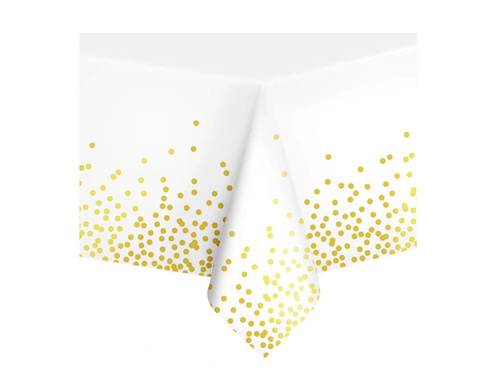 Születésnapi terítő fehér arany pöttyökkel - 137 x 274 cm - 1 db.