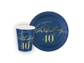Szett poharak + papírtányérok 40. születésnapra tengerészkék - 12 db.