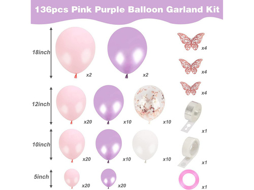 Léggömb girland léggömb készlet rózsaszín és lila - 124 db.