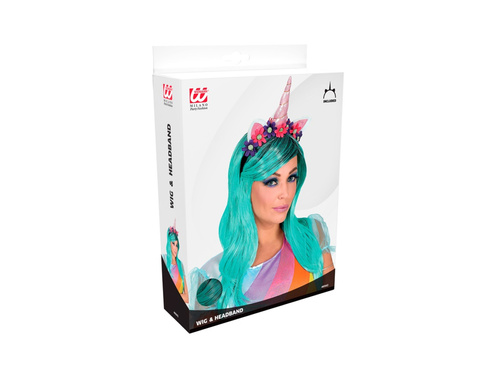 Türkiz egyszarvú paróka fejpánttal