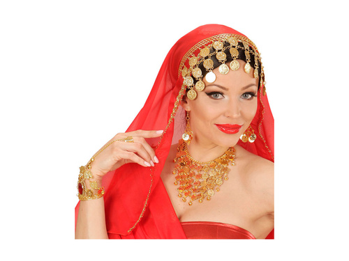 Arany karkötő érmékkel és drágakő gyűrűvel