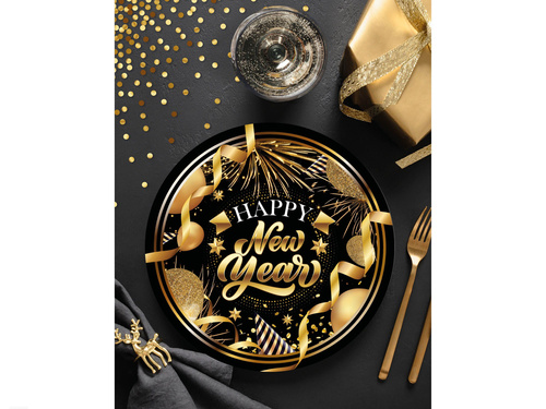 Papírtányérok szilveszterre Boldog új évet fekete - 23 cm - 6 db.