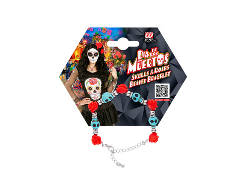 Türkiz karkötő koponyákkal és vörös rózsákkal