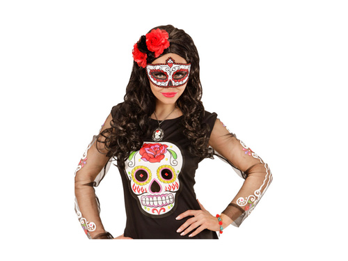 Türkiz karkötő koponyákkal és vörös rózsákkal