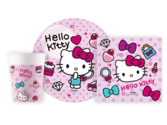 Hello Kitty születésnapi csészék + tányérok + papírszalvéta készlet - 36 db.