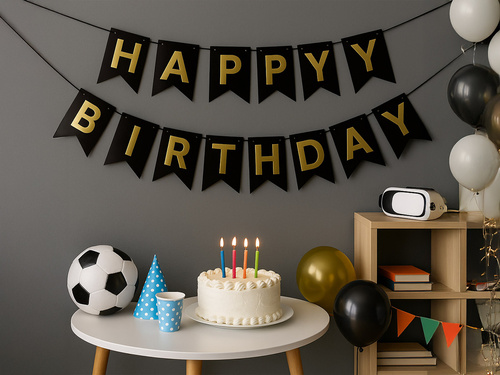 Fekete zászlós banner Happy Birthday felirattal - 190 cm - 1 db.