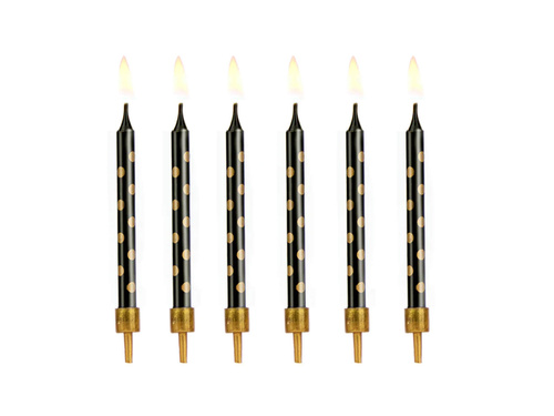 Születésnapi gyertyák fekete arany pöttyökkel - 6,5 cm - 12 db.