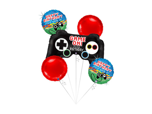 Game On Happy Birthday fóliás léggömb csokor játékosoknak - 32" + 14" - 5 db.