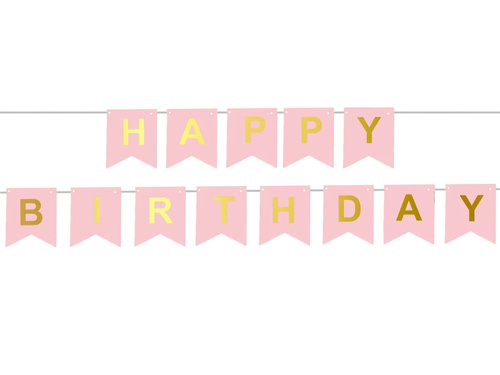 Rózsaszín zászlós banner Happy Birthday felirattal - 190 cm - 1 db.