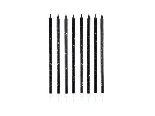 Hosszú fekete és arany születésnapi gyertyák - 15 cm - 8 db.