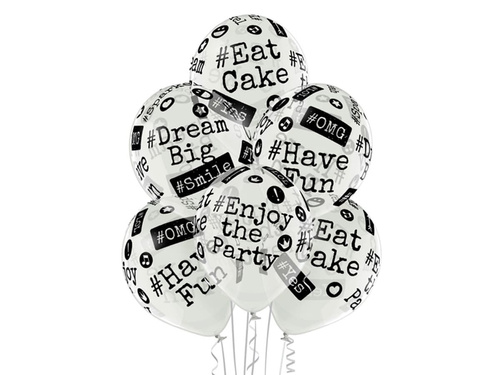 Átlátszó lufik hashtaggel nyomtatva - 12" - 6 db.