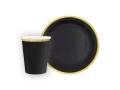 Készlet poharak + papírtányérok fekete színű, arany peremmel - 12 db.