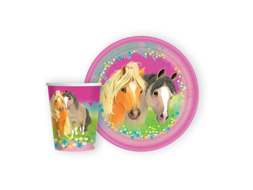 Készlet poharak + papírtányérok Lovak - 16 db.