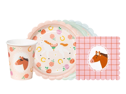 Csészék + tányérok + papírszalvéta készlet Lovak - 36 db.