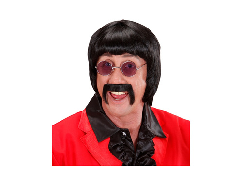 Music Man fekete parókája az 1960-as évekből. bajusszal és szemüveggel