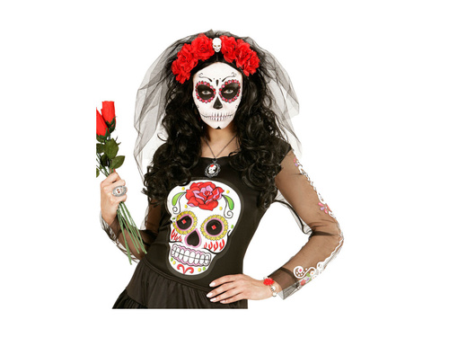 Karkötő vörös rózsákkal és fehér koponyákkal