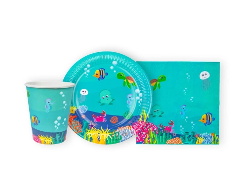 Pohár + szalvéta + papírtányér készlet Víz alatti világ - 36 db.