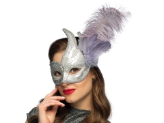 Ezüst farsangi maszk Lady tollakkal - 1 db.