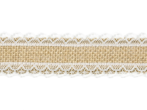 Jutaszalag fehér csipkével, 50 mm / 5 m, 1 db.