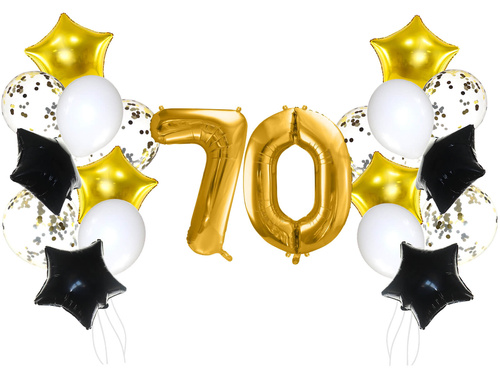 Léggömbkészlet hetvenedik születésnapra arany és fekete - 21 db.