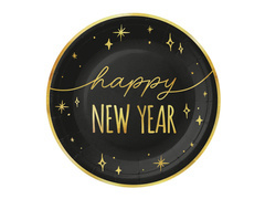 Papírtányérok szilveszterre Boldog új évet fekete - 18 cm - 6 db.