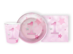 Csészék + szalvéták + papírtányérok készlet a születésnapi partira Stars pink - 44 db.