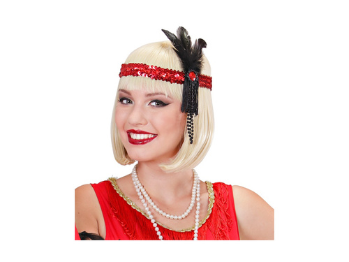 Piros flitteres fejpánt tollal és gyöngyökkel