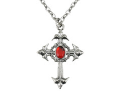 Gótikus kereszt nyaklánc piros kővel - 1 db.