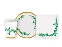 Csészék + szalvéták + papírtányérok készlet fehér levelekkel - 44db.