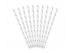 Fehér csöves szívószálak ezüst csillagokkal - 10 db.