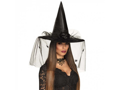 Fekete boszorkánykalap fátyollal Halloweenre - 1 db.