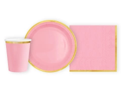 Csészék + szalvéták + papírtányérok világos rózsaszín arany peremmel - 22 db.