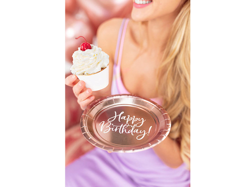 Boldog születésnapot papírtányérok rózsaszín arany - 18 cm - 6 db.